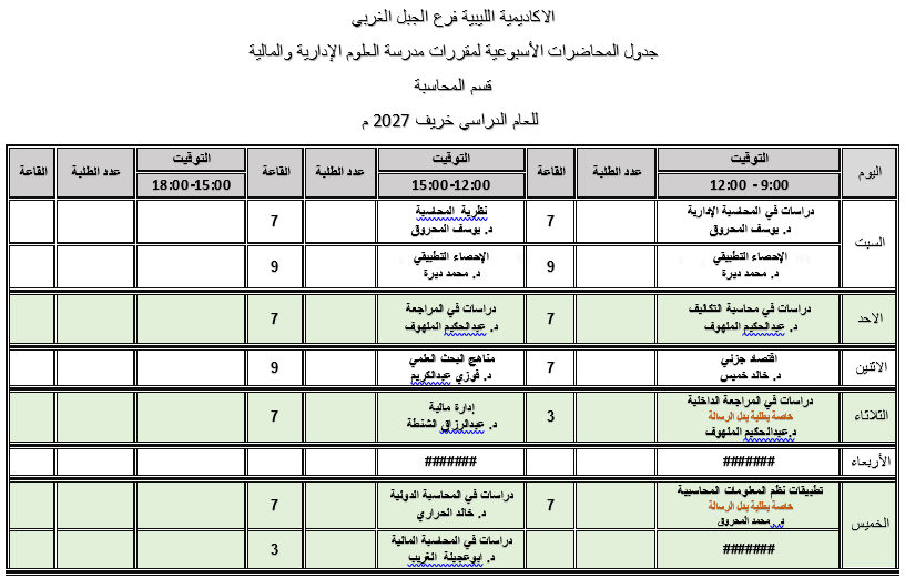 الجدول الدراسي للفصل الدراسي الخريف 2026-2027