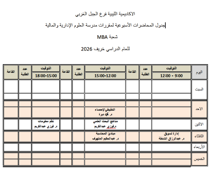 الجدول الدراسي للمحاضرات الاسبوعية لهذا الفصل خريف